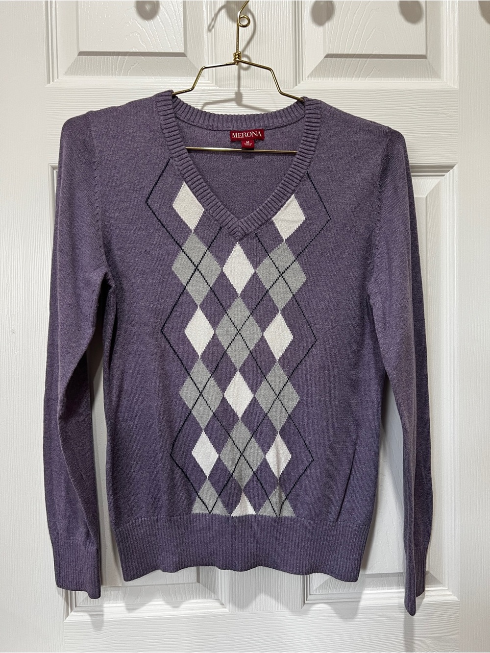 Merona V-Neck Argyle Sweater Knit Lavender White Size Medium Long Sleeve